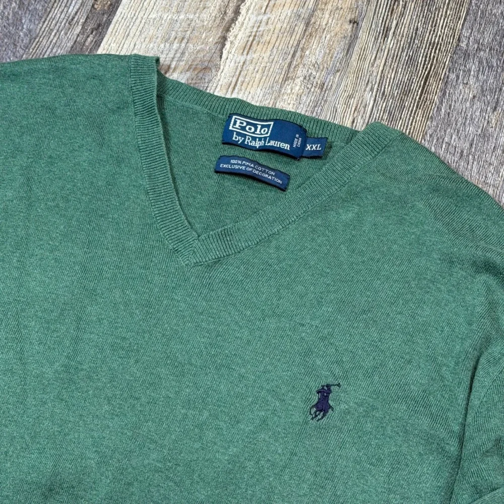 Polo Ralph Lauren Mens Green Pima Cotton V-Neck Sweater XXL Fits XL Pony Logo